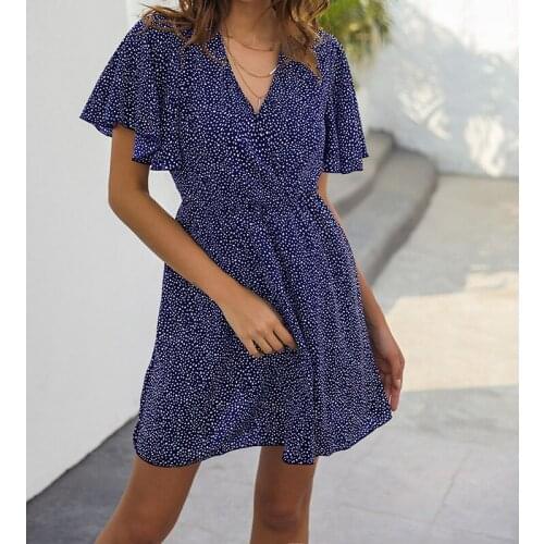 2021 New Women V-neck Sexy Mini Dress Fashion Loose Print Floral Dress Women Short Sleeve Blue Dresses Elegant Robe Femme 15111