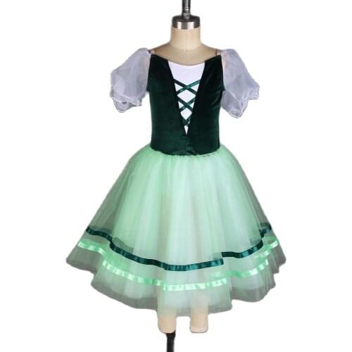 Short Sleeves Ballet Dress Performance Dark Velvet Bodice Romantic Tutu Kids Green Tutu Puffy Ballerina Skirts for Teens 20533