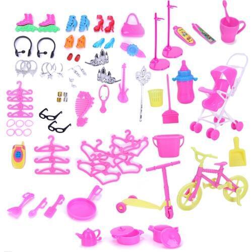 Besegad 98pcs Mini Doll Pretend Play Shoes Stroller Cleaning Tools Jewelry Dollhouse Accessories for Barbie Dolls Girl Gift Toys