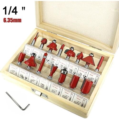 Woodworking Trimming Milling Cutter drill 1/4 6.35mm Shank Carbide Router Bit For Wood Cutter Engraving Cutting Tools 12/15 Set