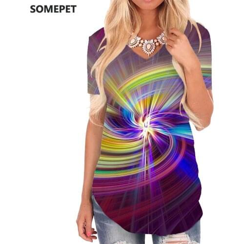 SOMEPET Colorful T Shirt Women Abstract V-neck Tshirt Graphics Tshirts Printed Psychedelic Funny T shirts Womens Clothing Summer