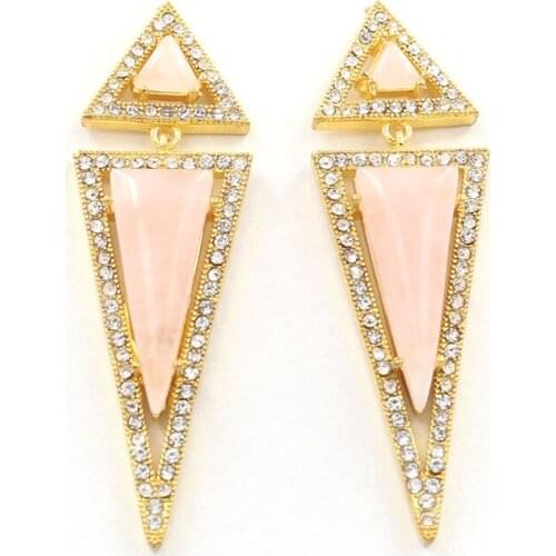 FYSL Light Yellow Gold Color Geometric Shape Rose Pink Quartz Stud Earrings with Rhinestone Black Agates Jewelry