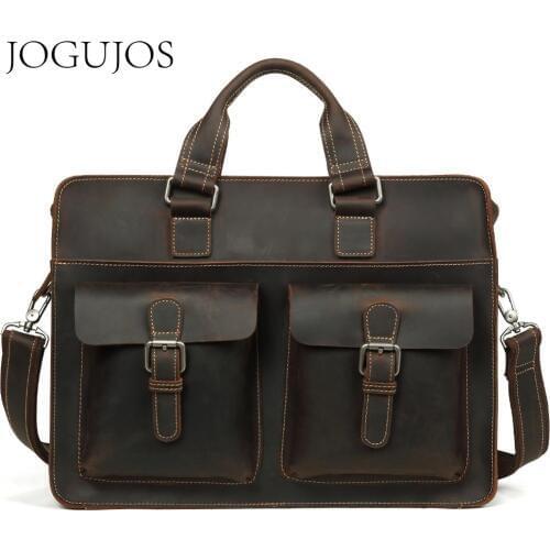 JOGUJOS Vintage Genuine Leather Mens Briefcase Crazy Horse Leather Briefcase Male Laptop Crossbody Bag Men Business Travel Bag