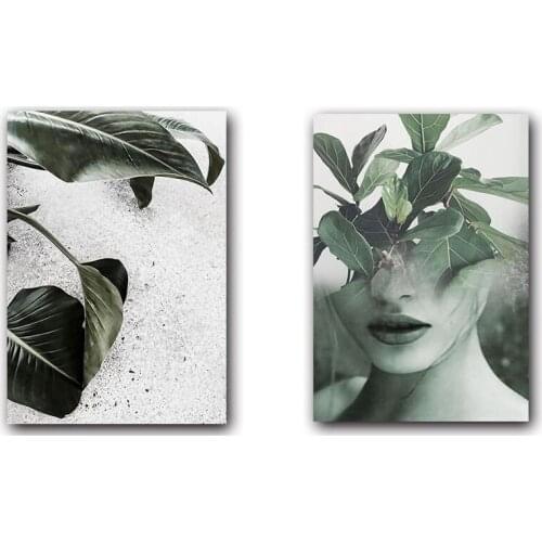 Wall Art Scandinavian Women Face Leaves Paintings Natural Plant Wallpaper Nordic Poster Prints Living Room Bedroom Decoration