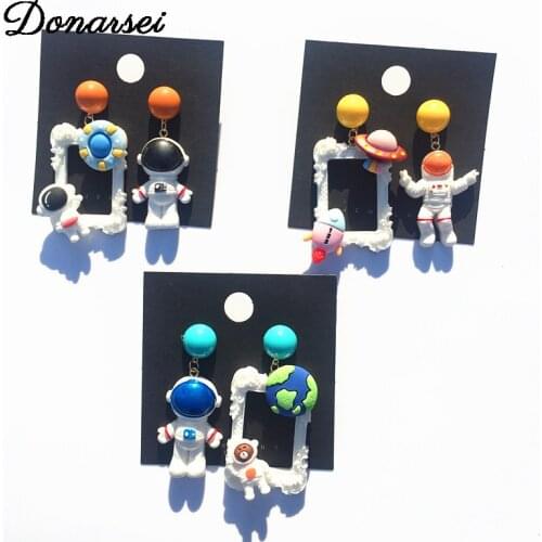 Donarsei Creative Asymmetric Planet Astronaut Drop Earrings For Women Handmade Hit Color Rocket Spaceship Dangle Earrings Gift