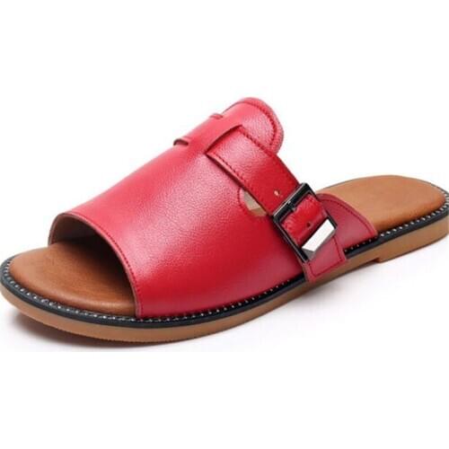 2020 New Summer Cowhide Open Toe Women Leather Silppers Fashion Casual Beach Sandals Light Concise Soft Comfortable Flat Sandals