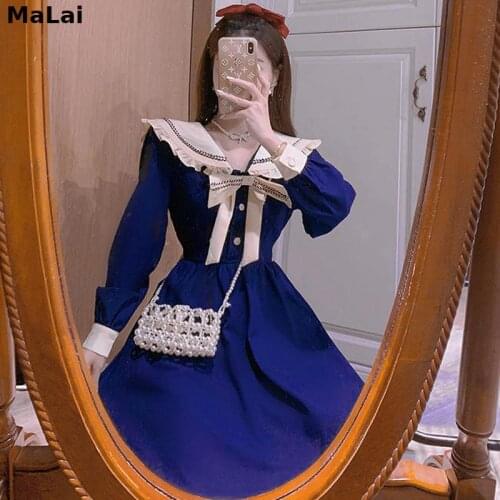 Kawaii Midi Dress Women Sailor Collar Long Sleeve French Elegant Vintage Party Dress Korean 2021 Spring Female One Piece Dress