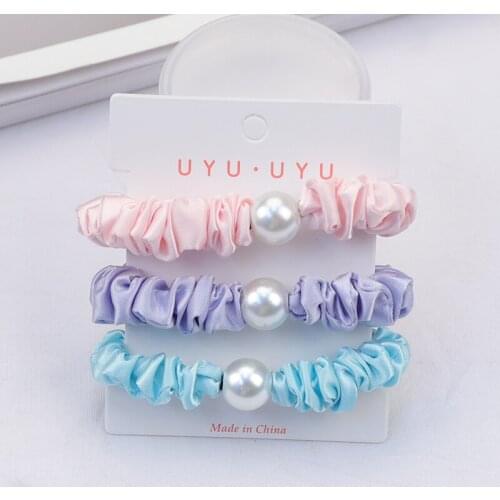 2021 3pcs/Card Elegant Fabric Solid Elastic Hair Bands Girl Ponytail Pearls Scrunchies Tie Rubber Band Headband Hair Accessories
