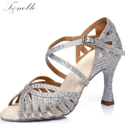 Dance Shoes Women Latine Party White Sandals Cuba Satin Shining Big Small Rhinestones Soft Bottom Summer High Heels 5-10cm L397