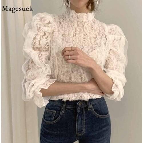 Mesh Lace Shirt Tops Women Spring New Puff Sleeve Elegant Ladies Blouse Solid Casual Loose Women Blouses Clothes Blusas 12511