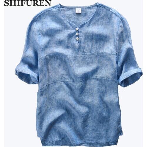SHIFUREN Summer Linen Shirts Men Short Sleeve Soft Breathable 100% Pure Linen Solid Male Causal Dress Shirts Tops Size M-3XL