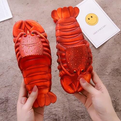 Lovers Slippers Cartoon Lobster Summer Leisure Shoes Man Women Outdoor Open Toe Slides Non-slip Beach Flip Flops Big Size 46 47