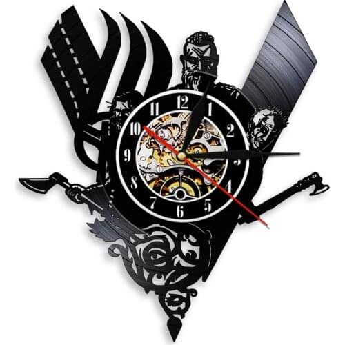 Mysterious Norse Viking Vintage Design Laser Etched Vinyl Wall Clock Viking Warrior Weapons Battle Axe Handmade Wall Light