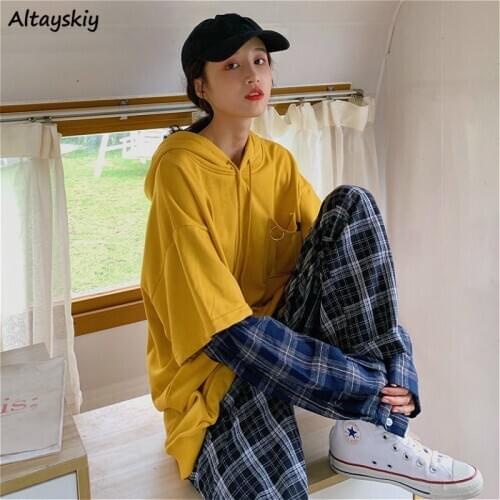 Hoodies Women Chic Fake Two Piece Design Harajuku Hooded Teens Sweatshirts Popular BF Style Casual Trendy Basic Womens Hoodie