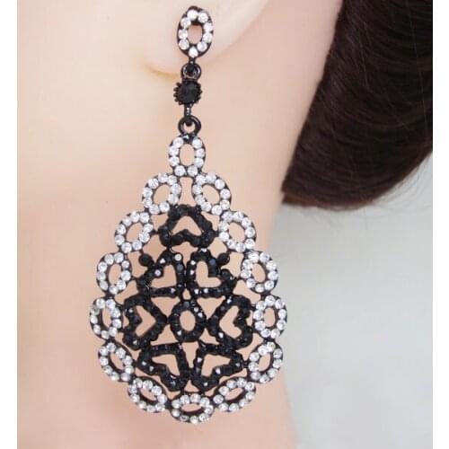 Vintage Victorian Style Pattern Hollow Teardrops Pierced Earrings Black Rhinestone Crystal