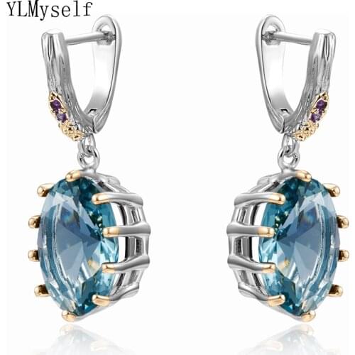 Vintage Christmas Gift For Wife Long Dangle Earrings Womens Jewellery With Big Navy Blue Oval Zirconia Beautiful Jewelry