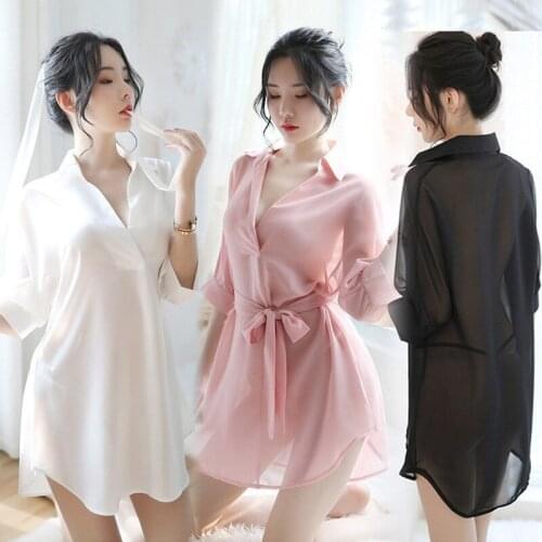 Foreign Trade Sexy Underwear Womens Temptation Lovely Princess Chiffon Perspective Lace Up Suit Solid Color Sexy Shirt Pajamas