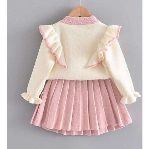 Girls Flying Sleeve Knitted Sweater Set 2020 Autumn 2 Piece Set Middle Small Children Baby Princess Dress Girls Sweater + Skirt