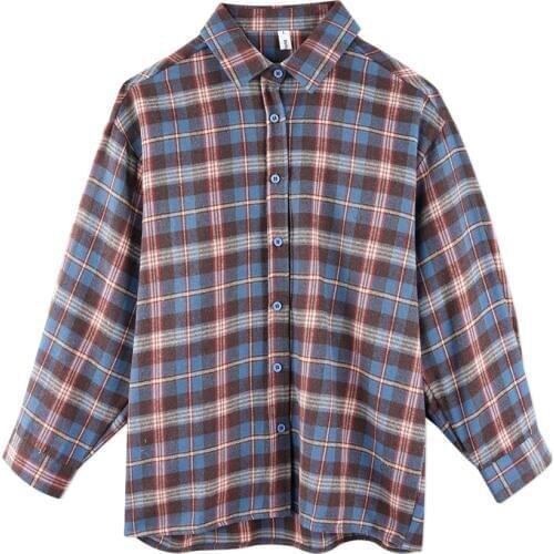 Neatie kiddie Korean Style Women Plaid Long Sleeve Blouse Shirt Turn-down Collar Loose Streetwear Casual Blusas Female Tops