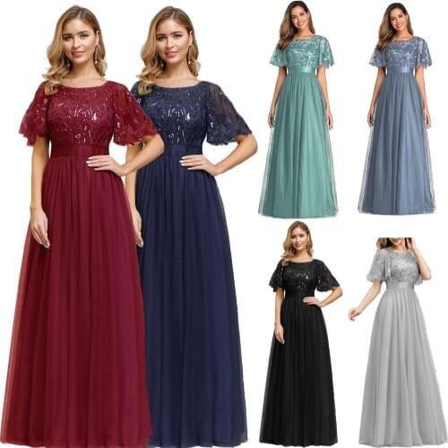 Robe De Soiree Sparkle Evening Dresses Long Ever Pretty EP00904GY A-Line O-Neck Short Sleeve Formal Dresses Women Elegant Gowns