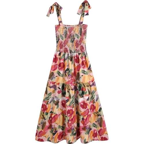Summer Printed Bow Tie Spaghetti Strap Midi Dress Women A Line Elastic Bust Vintage Dress Female Backless Beach Dresses