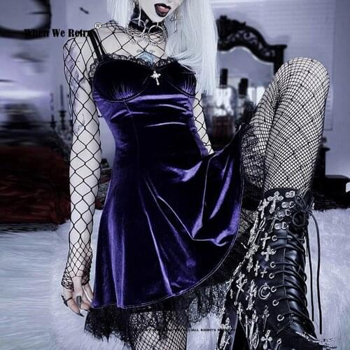 Goth Cross Sexy Purple Dress Vintage Velvet A Line Lolita Dress Aesthetic Gothic High Waist Ladies Club Party Dresses VD2148