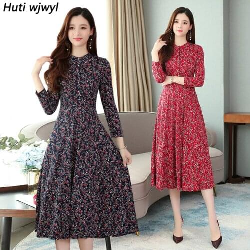 2021 Femal Vintage Red Print Beach Midi Dress Autumn Winter 4XL Plus Size Long Sleeve Dress Elegant Women Bodycon Party Vestidos