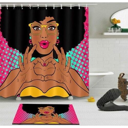 12 Hooks Flowers Shower Curtain Rug African Woman Waterproof Fabric Shower Curtain Set Bathroom Mat Bath Decor 72"