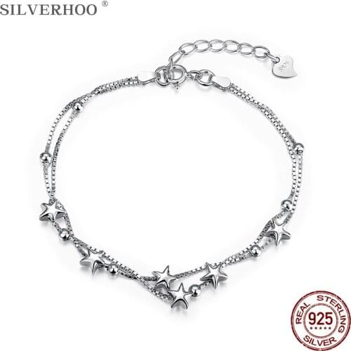 SILVERHOO Genuine Chain Link Bracelet For Women 925 Sterling Silver Romantic Star Charm Bracelets Fine Jewelry Gift Hot Selling