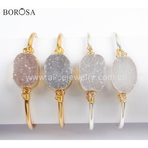 BOROSA Oval Agates Druzy Bangle for Women Fashion Gold Silver Plated Natural Stone Bangle Drusy Bracelet Jewelry G1708