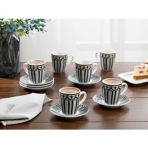 Eldora Porcelain 12 Piece Coffee Cup Set 100 ml Black - White High Quality, Made in Turkey, Kitchen, Fast Shipping
