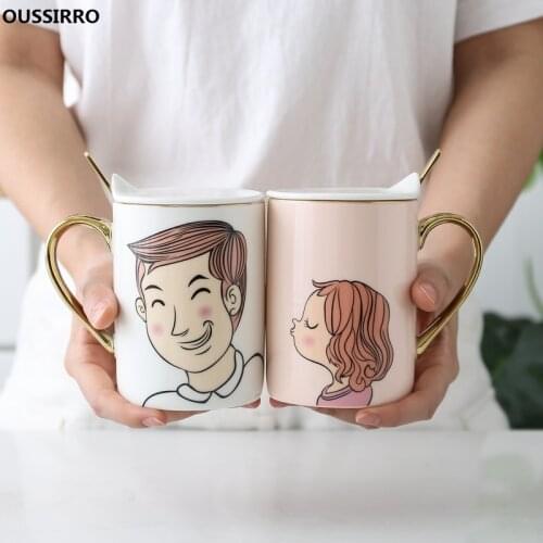 OUSSIRRO Ceramic Mugs With lid Couple Lovers Gift Morning Mug Milk Coffee Tea Breakfast Creative Cup