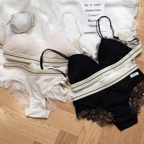 Autumn French star black rimless triangle cup thin traceless bra sexy set underwear bra and panty set ropa de mujer 2020