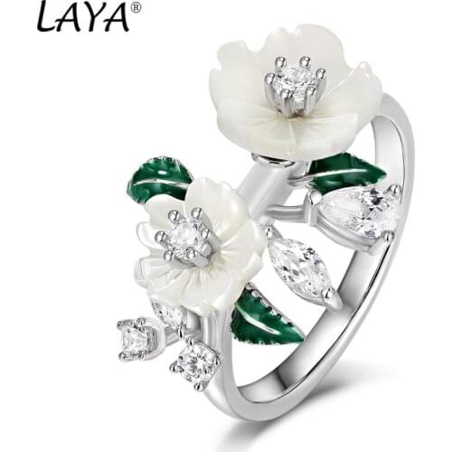 Laya Ring For Women High Quality Zircon Natural Shell Flower Green Leaf Enamel 925 Sterling Silver Fashion Jewelry 2021 Trend