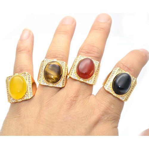 Fashion Mens Jewelry Natural Agate Tiger Eyes Wide Rings Red Yellow Brown Black Onyx Gold Color Rhinestone Crystal