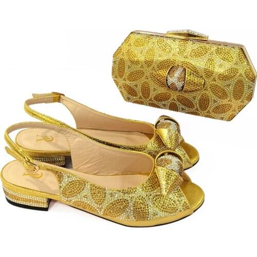 Fashion Rhinestone Woman Shoes And Matching Bag Set Leisure Style Golden Color Pumps Shoes And Bag Set For Party Wedding