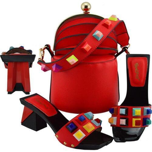 Red Color Ladies Italian Shoes and Bag Set nigeria shoes with bag set for wedding party shoes with women shoes heels MD011