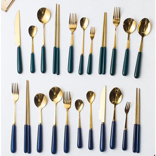 Stainless Steel Cutlery Sets with Ceramic Handle Green Flatware Knife Fork Spoon Chopsticks Ice Cream Spoon Blue Dinner Set
