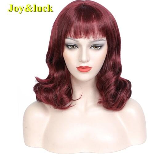 Natural Wave Wig Wine Burgundy Color Sythetic Wigs for Women Hair Wigs With Bangs Medium Length Cospaly Or Daily Use