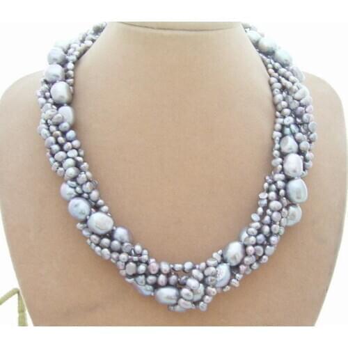 New Long 20" 6 Strds 6-12MM natural authentic Grey Baroque Pearl Necklace Shell flower clsap