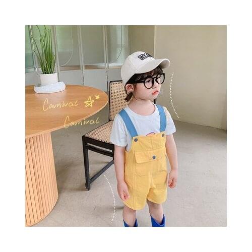 2021 Summer New Baby Boys and Girls Overalls Shorts Korean Style Childrens Suspender Shorts Baby Casual Big Pocket Jumpsuit