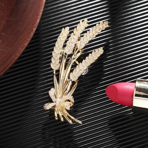 OKILY Delicate Cubic Zirconia Wheat Brooches for Women Plant Ear of Wheat Pin Brooch Copper Jewelry Coat Accessories Gift
