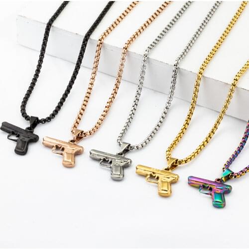 1PC Stainless Steel Gun Pendant Hip Hop Long Chain Punk Necklaces For Women Men Jewelry Couple