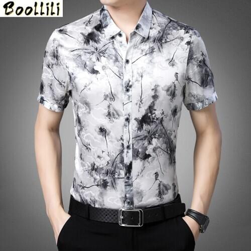 Boollili Shirt for Men Real Silk Mens Dress Shirts 2020 Summer Printing Shirt Short Sleeve Casual Turn-down Collar