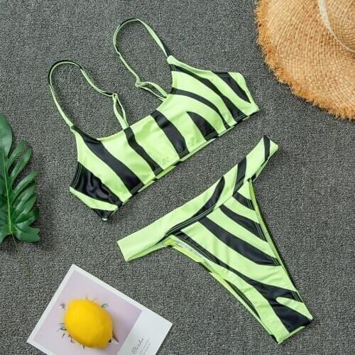 Sexy Women Brazilian Bikini Set 2019 Swimwear Halter Vest Tops Swimsuit Beach Bathing Suit Summer Stripe stitching Swimsuit