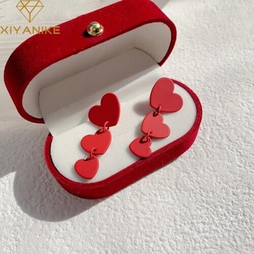 XIYANIKE Three Red Heart Earrings Long Elegant Fashion Charming Beauty 2020 Korea Earrings Dangle Statement Jewelry Women