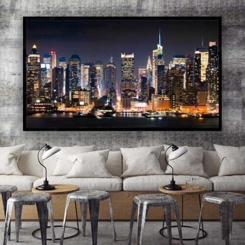Modern Wall Art Skyscraper Night View Painting Canvas Poster Printed New York City Manhattan Home Decoration Picture