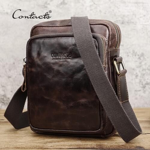 CONTACTS Vegetable Cow Leather Men Crossbody Bag Top Quality Male Shoulder Menssenger Bags Casual HandBags for 7.9" iPad Bolsos