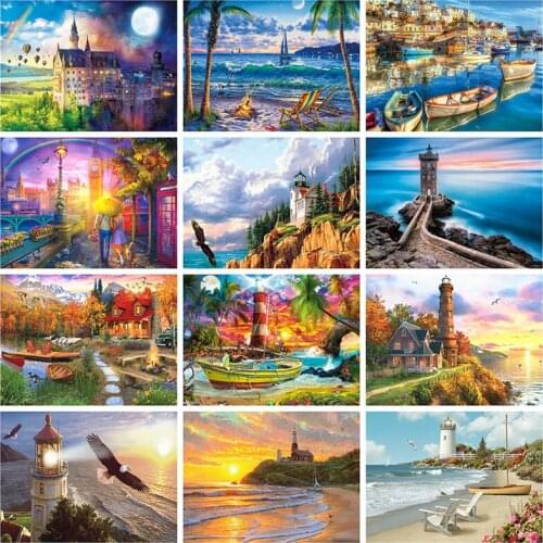 Yumeart Diamond Painting 5D Seaside Landscape Full Square Diamond Embroidery Cross Stitch Lighthouse Craft Kit Home Art Decor