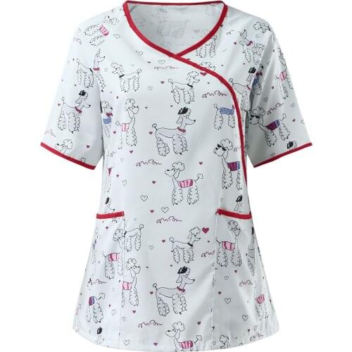 Women Cartoon Animal Printed Nursing Clothing Hospital Beauty Salon Work Uniform Short Sleeve Working Scrub Tops With Pocket A40
